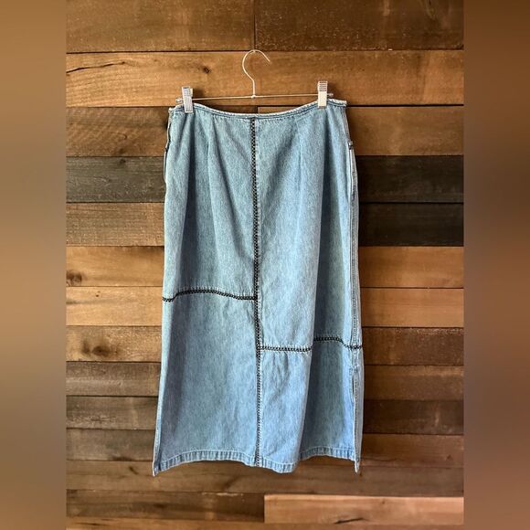 Vintage 90s Whipstitch Denim Midi Skirt Panel Stitch Detail Side Slit L - Picture 11 of 15
